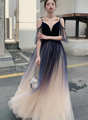 Beautiful Tulle Blue Gradient V-neckline Straps Prom Dress, A-line Tulle Formal Dress