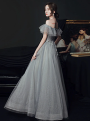 Light Grey Tulle A-line Sweetheart Prom Dress, Grey Off Shoulder Party Dresses