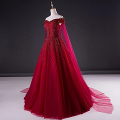 Wine Red Tulle Beaded Tulle Sparkle Long Prom Dress, Dark Red Sweet 16 Gown