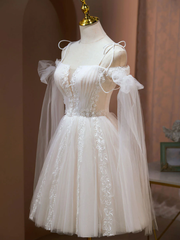 Ivory Tulle Knee Length with Lace Short Prom Dress, Cute Ivory Party Dresses