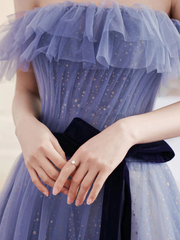 Off Shoulder Sweetheart Tulle Light Purple Formal Dress, A-line Tulle Junior Prom Dresses