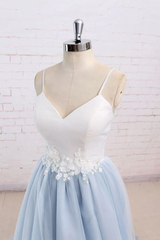 Beautiful Light Blue Tulle and White Top Long Wedding Party Gowns, Straps Junior Prom Dress