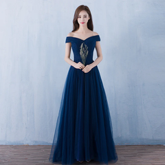 Lovely Navy Blue Tulle Off Shoulder Long Prom Dress , Tulle Bridesmaid Dresses