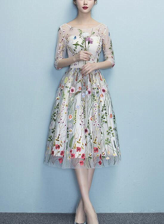 Fashionable Floral Elegant Knee Length Round Neckline Party Dress, Cute Party Dress