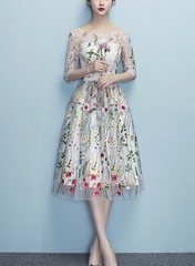 Fashionable Floral Elegant Knee Length Round Neckline Party Dress, Cute Party Dress