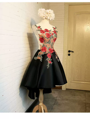 Lovely Black High Low Homecoming Dress with Floral Lace, Party Dress