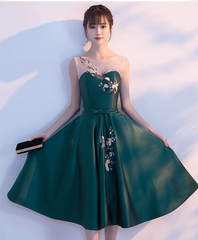 Dark Green Tea Length Satin Bridesmaid Dress, Floral Party Dress