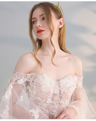 Charming Flowers Lace Off Shoulder Ball Gown Wedding Party Dress, Tulle Long Prom Dress