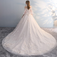Charming Flowers Lace Off Shoulder Ball Gown Wedding Party Dress, Tulle Long Prom Dress