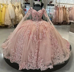Beautiful Pink Sweetheart Applique Sweet 16 Quinceanera A-Line Tulle Floor-length Prom Dress Birthday Dress Evening Dress Ball Gown HZ1024