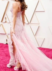 Vintage Pink Lace Sweetheart Prom Dress Long Evening Dress A-Line High Slit Formal Dress HZ1024
