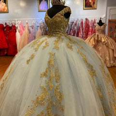Gorgeous Sequin Applique V-neck Sweet 16 Quinceanera A-Line Prom Dress Birthday Dress Evening Dress Ball Gown HZ1024
