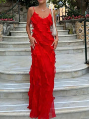 Vintage Red Sheath Prom Dress Long Ruffles Evening Dress Spaghetti Strap Formal Dress HZ1024