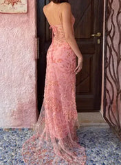 Vintage Pink Lace Sheath Prom Dress Long Evening Dress Spaghetti Strap Formal Dress HZ1024