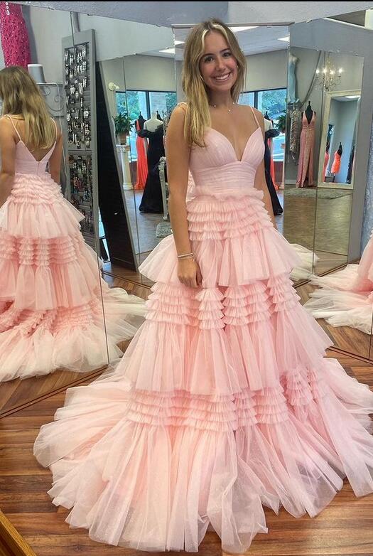Straps Sparkly Tulle Prom Dress with Tiered Ruffle Skirt and Ruched Bodice,V Neckline Wedding Dress
