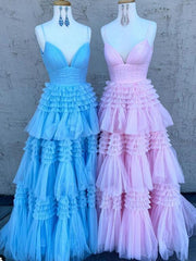 Straps Sparkly Tulle Prom Dress with Tiered Ruffle Skirt and Ruched Bodice,V Neckline Wedding Dress