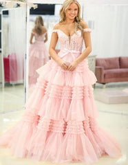 Off the Shoulder Lace Corset Long Prom Dresses with Ruffle Tulle Skirt