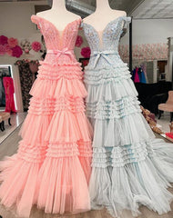 Off the Shoulder Lace Corset Long Prom Dresses with Ruffle Tulle Skirt