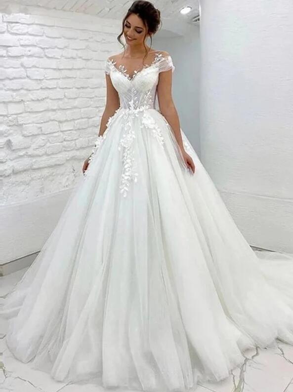 Princess Short Sleeves Sweep/Brush Train Wedding Dresses DT1398