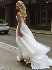 V-neck Sleeveless Sweep/Brush Train Wedding Dresses DT1400