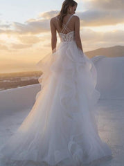 V-neck Sleeveless Sweep/Brush Train A-line Wedding Dresses DT1404
