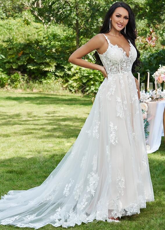 V-neck Sweep/Brush Train A-line Wedding Dresses DT1406