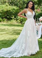 V-neck Sweep/Brush Train A-line Wedding Dresses DT1406