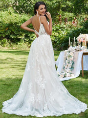 V-neck Sweep/Brush Train A-line Wedding Dresses DT1406