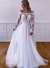 Off-the-Shoulder Long Sleeves Sweep/Brush Train A-line Wedding Dresses DT1408