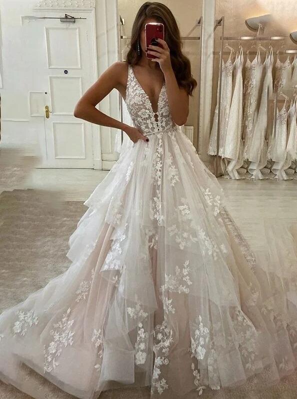 V-neck Sweep/Brush Train A-line Wedding Dresses DT1409