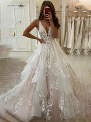 V-neck Sweep/Brush Train A-line Wedding Dresses DT1409
