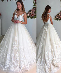 Princess V-neck Court Train Tulle Sleeveless Wedding Dresses DT1411