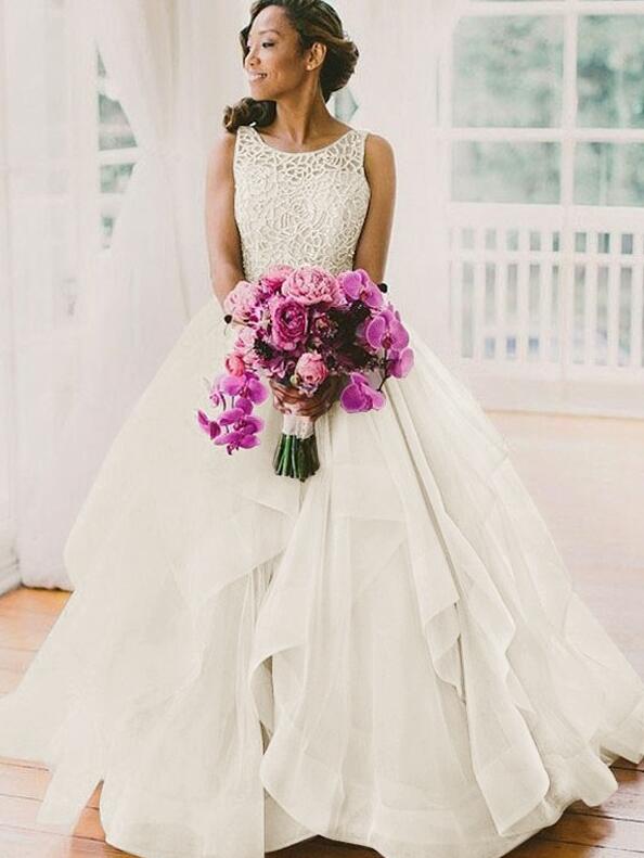 Sleeveless Scoop Neck Sweep/Brush Train Ball Gown Wedding Dresses DT1418