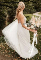 V-neck Sleeveless Sweep/Brush Train A-line Beach Wedding Dresses DT1440
