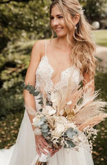 V-neck Sleeveless Sweep/Brush Train A-line Beach Wedding Dresses DT1440
