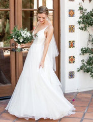 V-neck Sleeveless Sweep/Brush Train Ruffles A-line Wedding Dresses DT1444