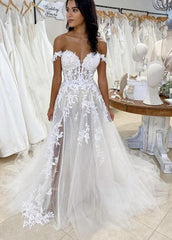 Off the Shoulder Tulle/Lace Beach Wedding Dresses DTB104