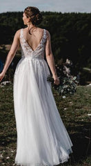 Open Back V-neck A Line Wedding Dresses,Custom Made Bridal Dress DTB112