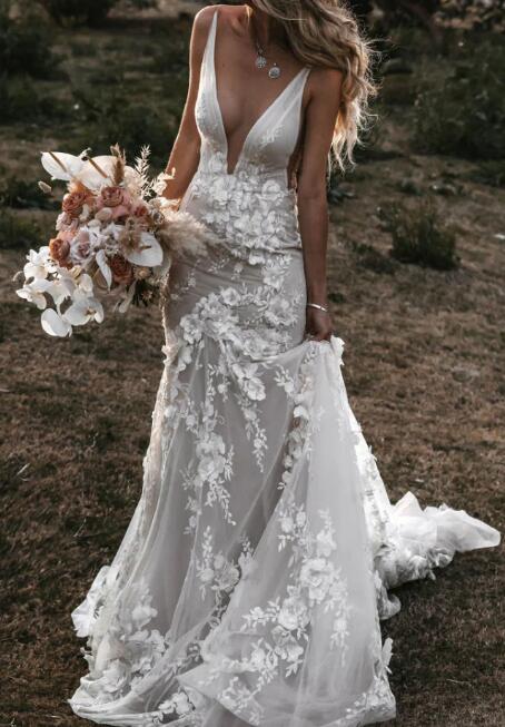 V-neck Backless Sexy Vintage Mermaid Wedding Dresses DTB142