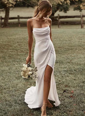Spaghetti Straps Backless Wedding Dresses with Sweep Train DTB143