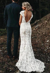 Cap Sleeves Open Back Mermaid Lace Wedding Dress DTB162