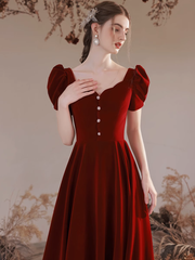 Wine Red Velvet Short Sleeves Long Wedding Party Dress, Wine Red A-line Prom Dress
