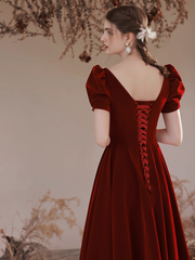 Wine Red Velvet Short Sleeves Long Wedding Party Dress, Wine Red A-line Prom Dress