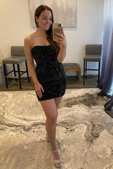 Black Strapless Short Cocktail Dress Sequins Homecoming Dress 2393