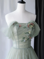 Gray Green Tulle Off Shoulder Long Prom Dress A Line Formal Graduation Dresses 2415