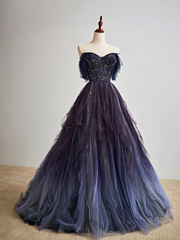 Dark starry sky purple tulle long prom dress purple evening dress HZ1024