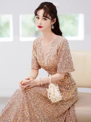 A line Sequin Gold Party Dress Long Prom Dress P878