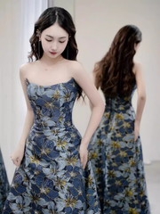 Vintage A line Strapless Party Dresses Long Blue Prom Dresses P943
