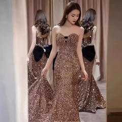 Vintage Mermaid Strapless Party Dresses Long Sequin Prom Dresses P944