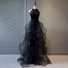 Vintage A line Halter Black Party Dresses Sequin Prom Dresses P946